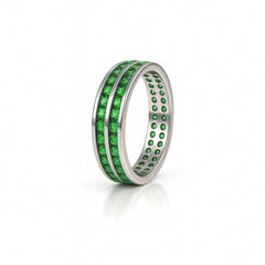 925 Sterling Silver Men’s Ring with Green Emerald-Cut Stones | Double Row Band, Rhodium Plated