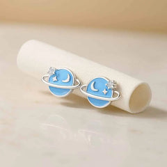 925 Sterling Silver Blue Planet Stud Earrings | Rhodium Plated with Enamel and CZ