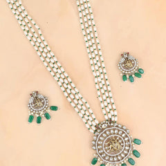 Radha Krishna Green Stone Long Rajwadi Necklace With Earrings