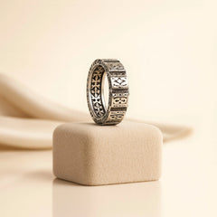 925 Sterling Silver Men’s Ring | Rhodium Plated Vintage Tribal Pattern Band