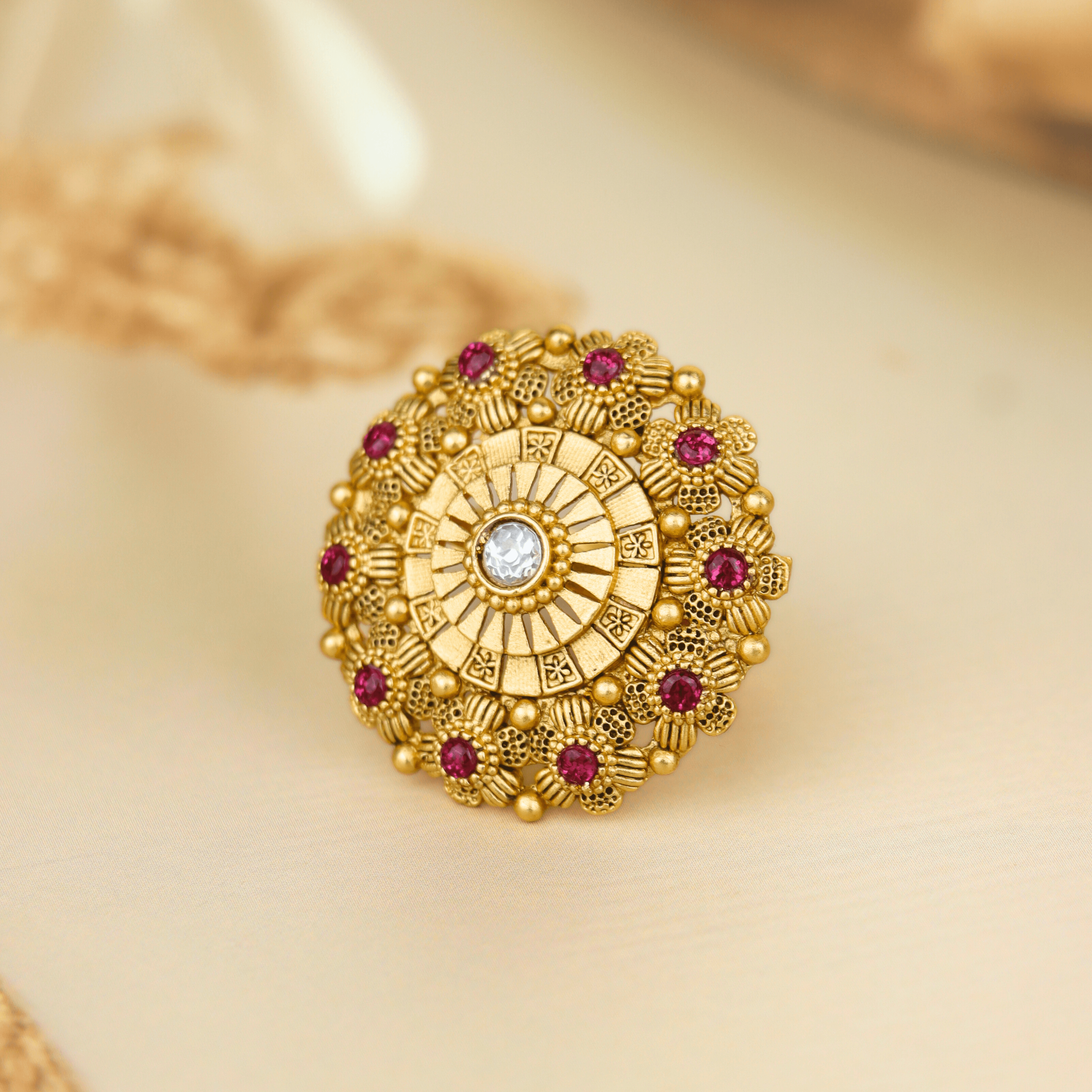 Gold Plated White and Red Stones Rajwadi Rings - Rukhmani