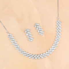 Silver Plated Modern Flow Diamond Necklace with Earrings