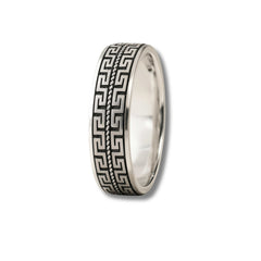 925 Sterling Silver Men’s Ring | Rhodium Plated Greek Key Pattern Band