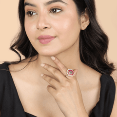 Beautiful Design Gold Plated Pearl and Pink Hexagonal Rings - Rukhmani