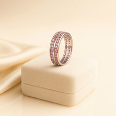 925 Sterling Silver Men’s Ring with Pink Sapphire Stones | Double Row Band, Rhodium Plated