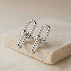 925 Sterling Silver Link Stud Earrings | Rhodium Plated Minimal Design