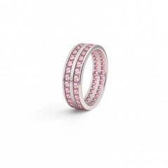 925 Sterling Silver Men’s Ring with Pink Sapphire Stones | Double Row Band, Rhodium Plated
