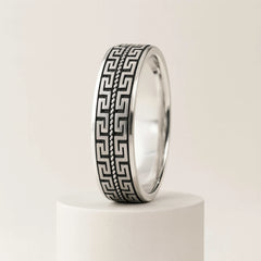 925 Sterling Silver Men’s Ring | Rhodium Plated Greek Key Pattern Band