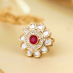 Traditional Design Red Kundan and White Diamonds Gold Plated Rings - Rukhmani