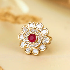 Traditional Design Red Kundan and White Diamonds Gold Plated Rings