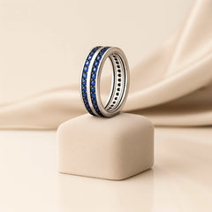 925 Sterling Silver Men’s Ring with Blue Sapphire Stones | Double Row Band, Rhodium Plated
