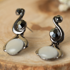 Black Design In White Pearl Stud Earrings