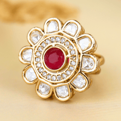 Traditional Design Red Kundan and White Diamonds Gold Plated Rings - Rukhmani