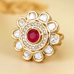 Traditional Design Red Kundan and White Diamonds Gold Plated Rings