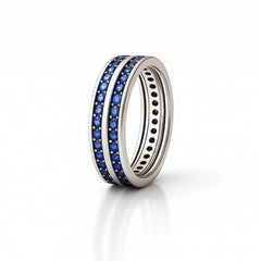 925 Sterling Silver Men’s Ring with Blue Sapphire Stones | Double Row Band, Rhodium Plated