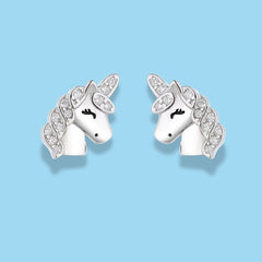 925 Sterling Silver Unicorn Stud Earrings |  Rhodium Plated with Cubic Zirconia