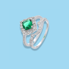 925 Sterling Silver Green Emerald Cut Halo Bridal Set Ring