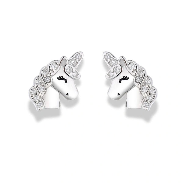 925 Sterling Silver Unicorn Stud Earrings |  Rhodium Plated with Cubic Zirconia