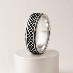 925 Sterling Silver Men’s Ring | Rhodium Plated Lattice Pattern Band