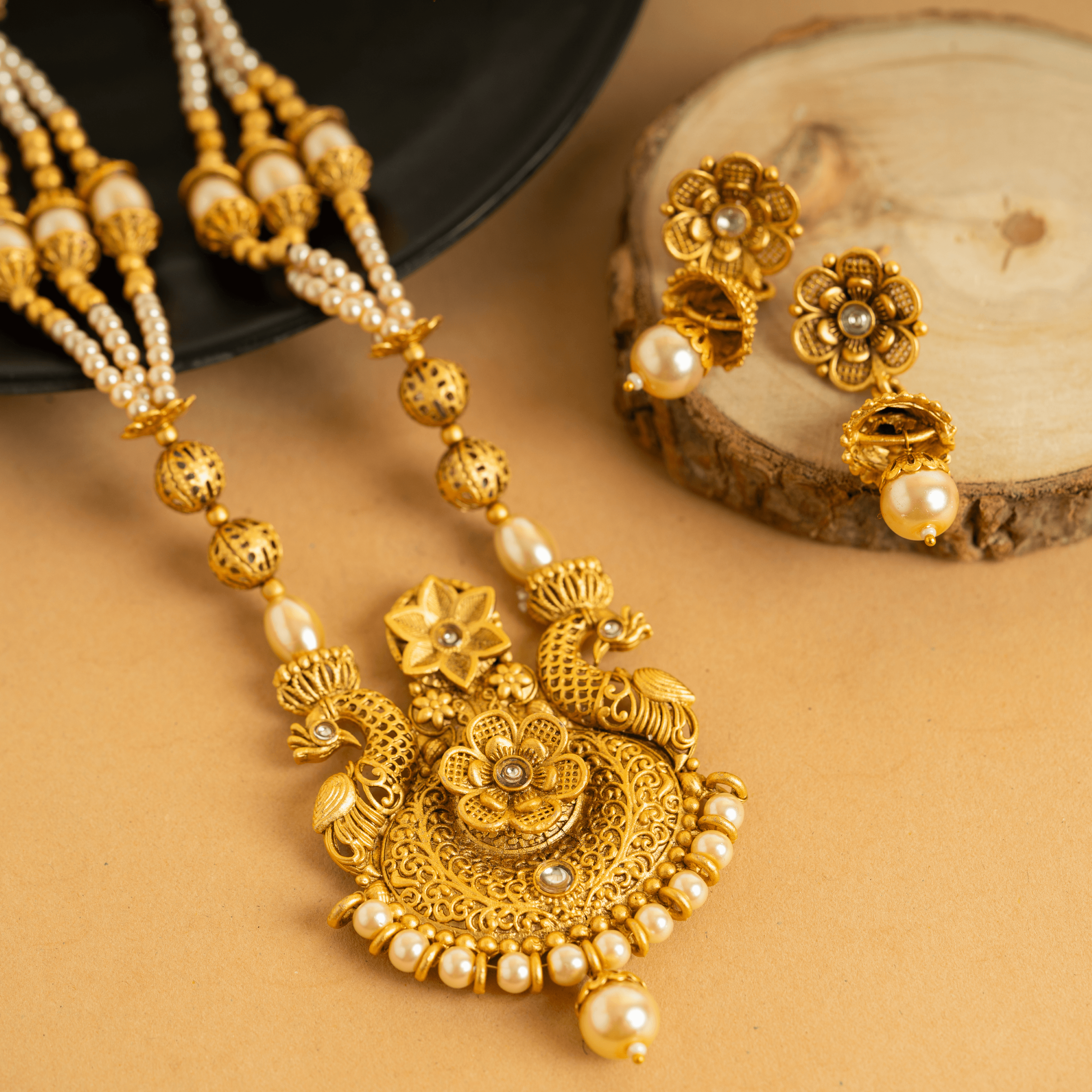 Traditional Gold Plated Pearl Designer Rajwadi Set With Earrings - Rukhmani