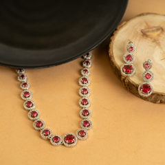 Maroon American Diamond Silver Plated Victorian Necklace Set With Earrings