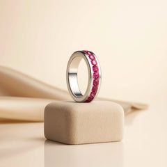 925 Sterling Silver Men’s Ring with Ruby Red Stones | Channel Set Band, Rhodium Plated