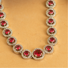 Maroon American Diamond Silver Plated Victorian Necklace Set With Earrings