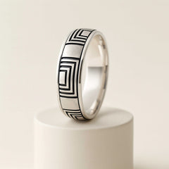 925 Sterling Silver Men’s Ring | Rhodium Plated Geometric Square Pattern Band