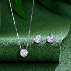 High Quality Simple Design 925 Sterling Silver Single Round Cubic Zircon Necklaces and Earrings Jewelry Set for Women Daily Wear