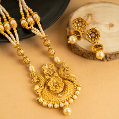 Traditional Gold Plated Pearl Designer Rajwadi Set With Earrings - Rukhmani