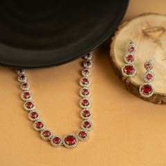 Maroon American Diamond Silver Plated Victorian Necklace Set With Earrings