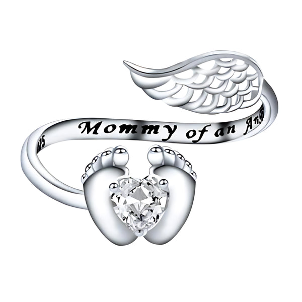 Creative Lovely Mommy Angel Wings and Feet Heart Cubic Zircon 925 Sterling Silver Adjustable Open Rings for Women Jewelry