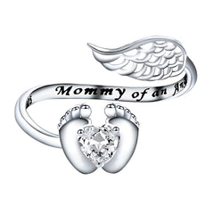 Creative Lovely Mommy Angel Wings and Feet Heart Cubic Zircon 925 Sterling Silver Adjustable Open Rings for Women Jewelry
