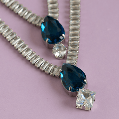 Fancy Double Layer Silver Plated Blue And Clear Diamond Necklace Set With Earrings - Rukhmani