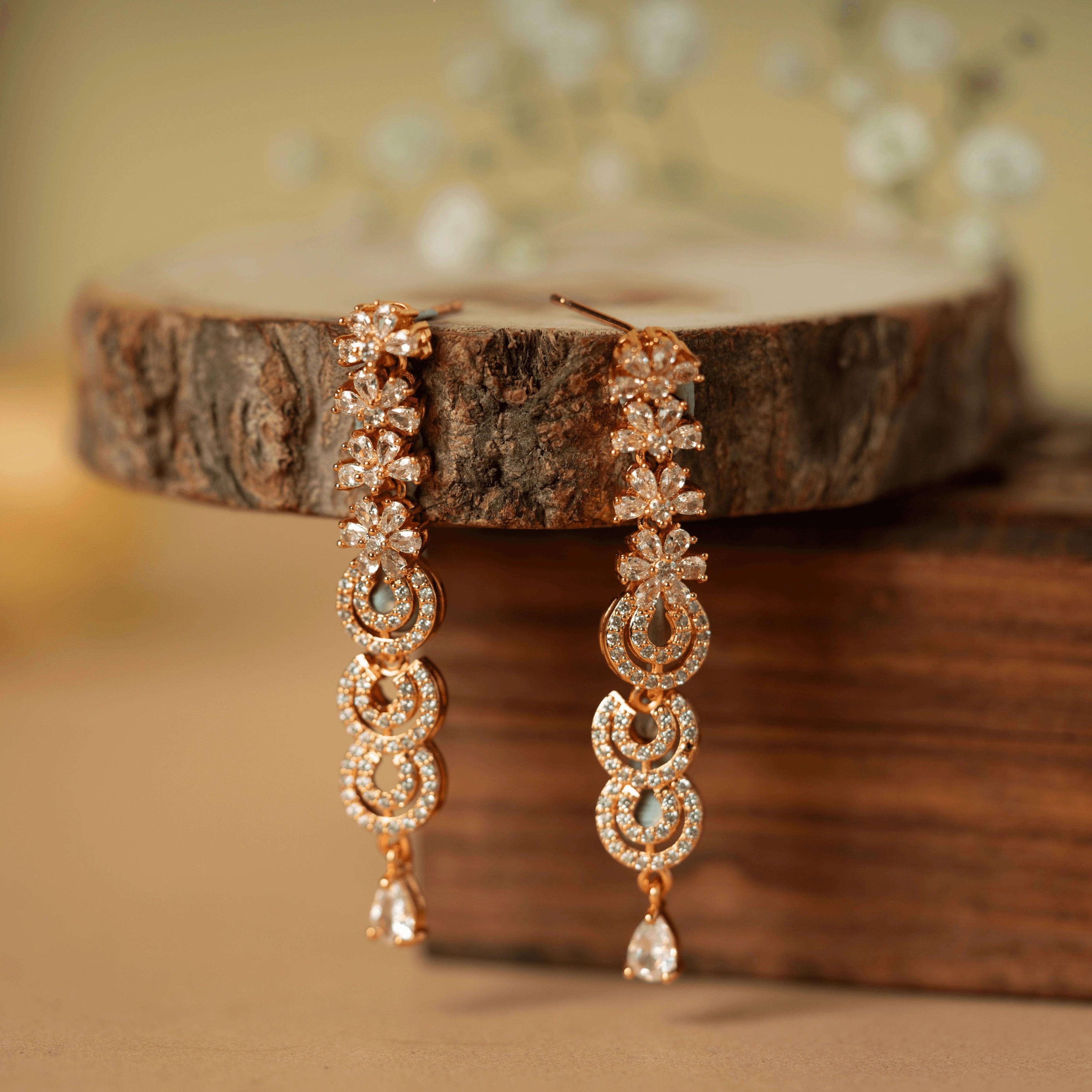 Long Designer Party Wear Rose Gold Plated Traditional Earrings - Rukhmani