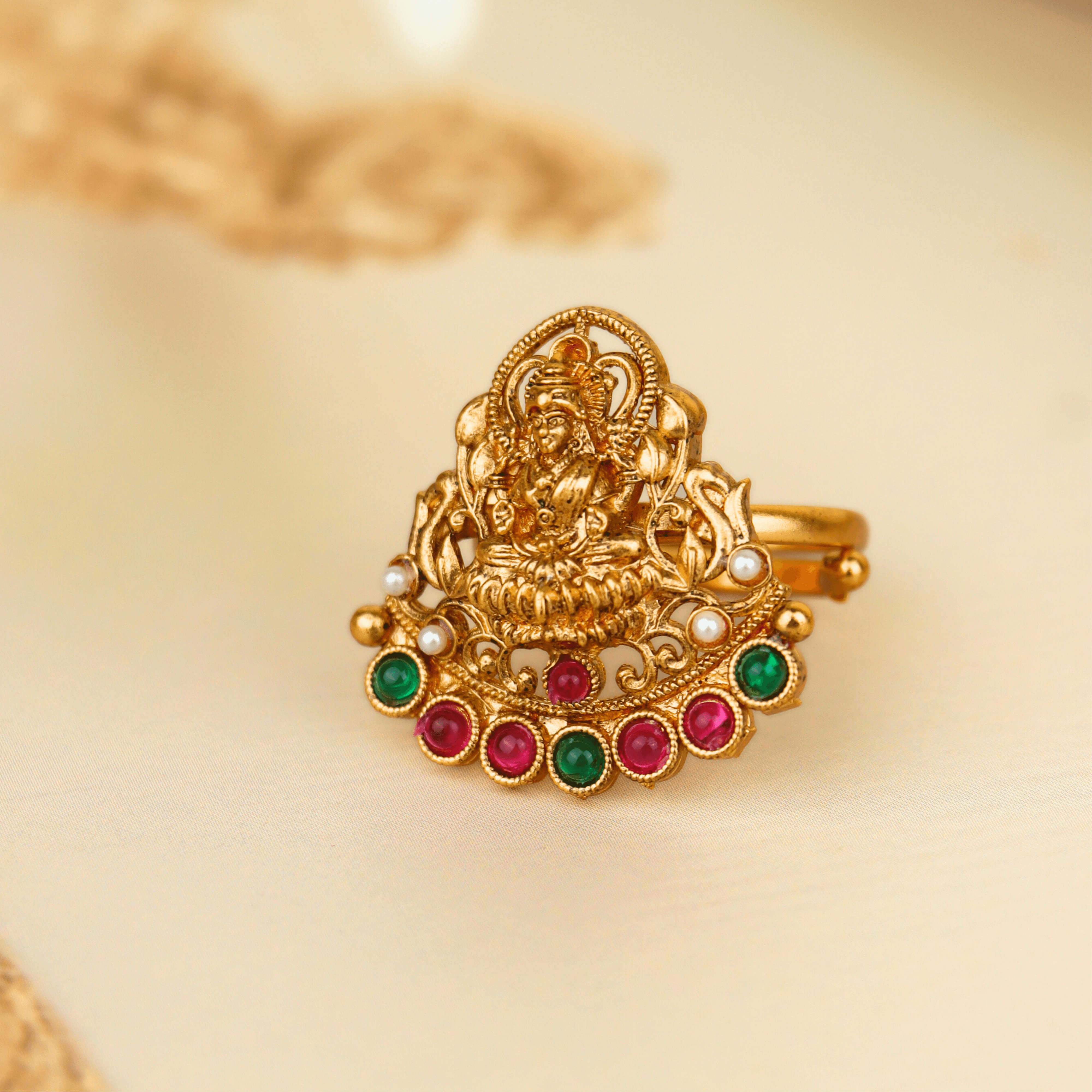 Gold Plated Designer Goddess Glow Temple Ring - Rukhmani