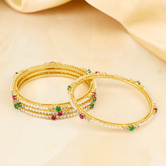 Beautiful Design Gold Plated Green & Red Moti Maharashtrian Bangles - Rukhmani