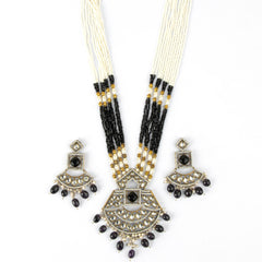 Black Beaded Kundan Necklace With Earrings - Rukhmani