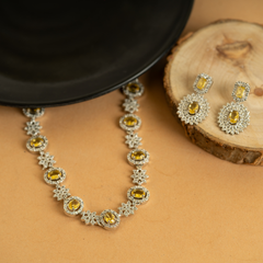 Yellow American Diamond Design Necklace Set With Earrings