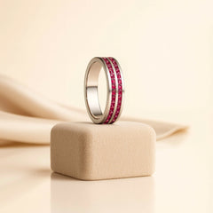 925 Sterling Silver Men’s Ring with Double Row Red Stones | Rhodium Plated Channel Band