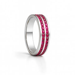 925 Sterling Silver Men’s Ring with Double Row Red Stones | Rhodium Plated Channel Band
