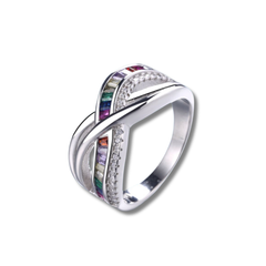 925 Sterling Silver Criss-Cross Rainbow CZ Ring – Sleek and Colorful