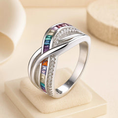 925 Sterling Silver Criss-Cross Rainbow CZ Ring – Sleek and Colorful