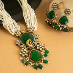 Traditional Gold Plated Green Kundan with Diamond Jaipuri Set with Earrings