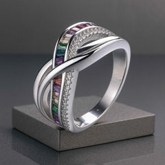925 Sterling Silver Criss-Cross Rainbow CZ Ring – Sleek and Colorful