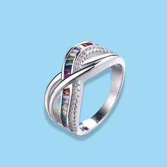 925 Sterling Silver Criss-Cross Rainbow CZ Ring – Sleek and Colorful