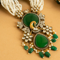 Traditional Gold Plated Green Kundan with Diamond Jaipuri Set with Earrings