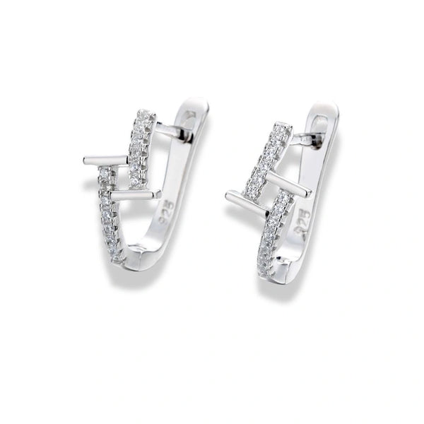925 Sterling Silver Rhodium Plated Geometric CZ Hoop Earrings for Women