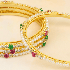 Beautiful Design Gold Plated Green & Red Moti Maharashtrian Bangles - Rukhmani