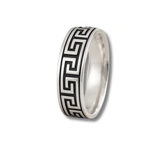 925 Sterling Silver Men’s Ring | Rhodium Plated Greek Key Design Band